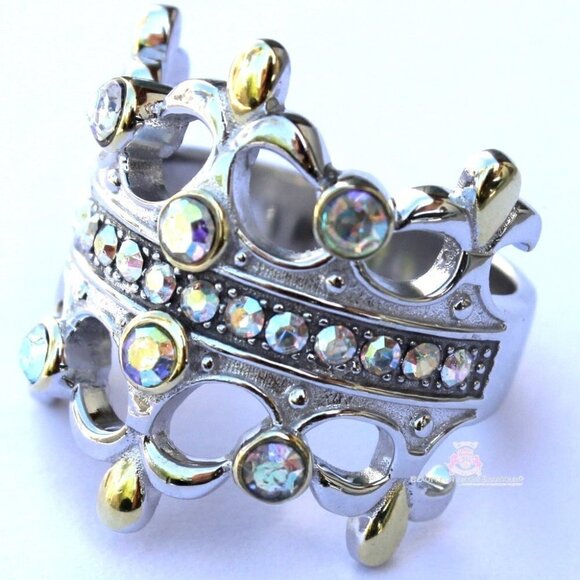 925 Sterling Silver Double Blessing Crown Princess Aurora Borealis Cz Ring Sz 6 - Picture 9 of 16